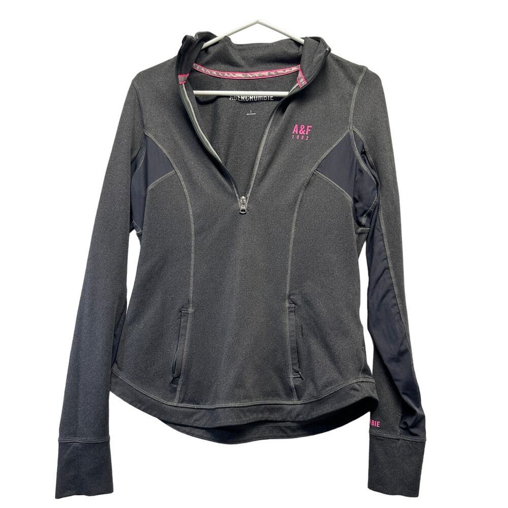 Abercrombie‎ & Fitch Women's Gray and Pink Half Zip Athletic Jacket L Thumb Hole